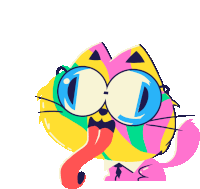 a colorful cartoon cat with blue eyes sticking out its tongue