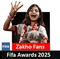 a girl holding a teddy bear with the words zakho fans fifa awards 2025 written below her