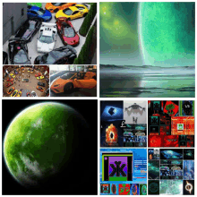 a collage of images includes a green planet and a car