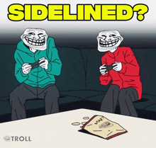 two trolls are sitting on a couch playing a video game with the words sidelined above them