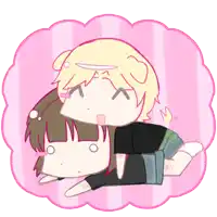 a drawing of a boy and a girl laying on a pink striped background