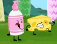 a pink soap dispenser and a yellow sponge are standing next to each other on a green field .