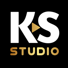 the logo for ks studio has a gold play button