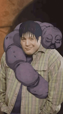 a man in a plaid shirt is being hugged by a cartoon character