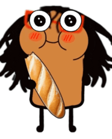 a cartoon character with glasses is holding a loaf of bread in his mouth