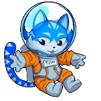 a cartoon drawing of a cat wearing a space suit with the name toshi written on it