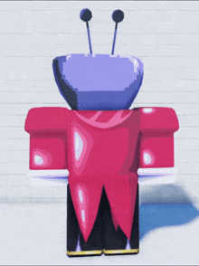a cartoon character with a purple head and antennas is standing in front of a white wall
