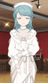 a girl with blue hair is wearing a white dress and gloves