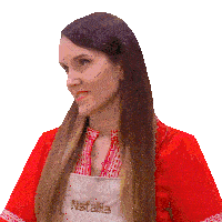 a woman wearing a red shirt and a white apron that says natalia