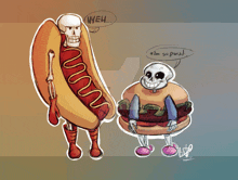 a drawing of a skeleton holding a hot dog and another skeleton holding a hamburger