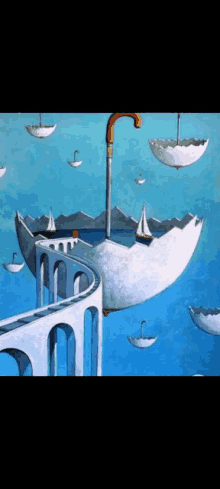 a painting of an umbrella with a bridge and boats in it