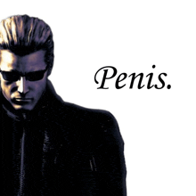 a man wearing sunglasses stands in front of a white background with penis written on it
