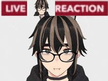 a cartoon character with glasses and a live reaction sign