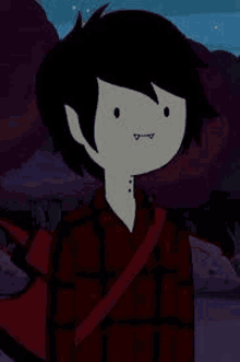 marceline from adventure time is wearing a plaid shirt and carrying a red bag .