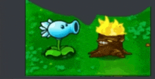 a cartoon of a plant and a tree stump with flames coming out of it .