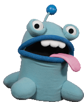 a blue stuffed animal with big eyes and a long tongue sticking out