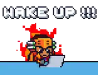 a pixel art drawing of a man with the words wake up on top