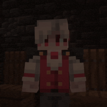 a minecraft character with white hair and a red jacket is standing in a dark room
