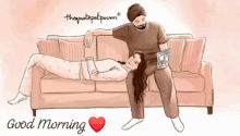 a drawing of a man and a woman on a couch with the words " good morning " below them