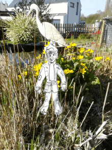 a drawing of a boy standing in a garden with flowers and a bird in the background