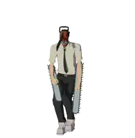 a man in a suit and tie is carrying two chainsaws