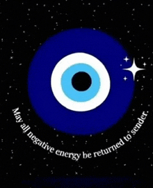 a blue evil eye with the words may all negative energy be returned to sender surrounding it