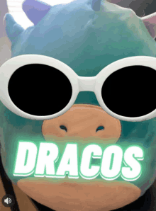 a stuffed animal wearing sunglasses and the word dragos