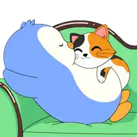 a cat and a penguin are hugging on a couch