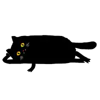 a black cat with yellow eyes and a pink nose is laying down