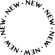 a black circle with the words " new " written around it