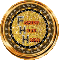 a gold circle with the words family huru hara in red