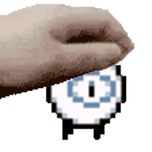 a hand is holding a pixel art clock with a blue eye .