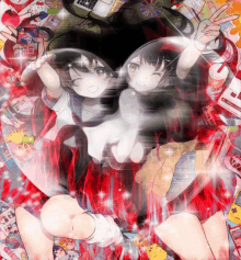 two anime girls are laying in a heart shaped bubble surrounded by red and white objects