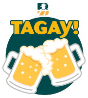 two mugs of beer are toasting with the word tagay on top