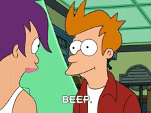 a cartoon character says beep while looking at a woman