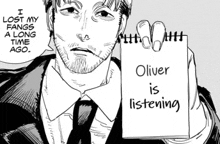 a man in a suit and tie holding a notepad that says oliver is listening