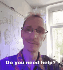 a man wearing glasses and a giraffe shirt is asking if he needs help