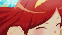 a close up of a red haired anime girl 's face