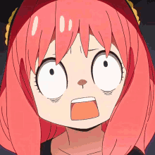 a close up of a pink haired anime girl with a surprised look on her face