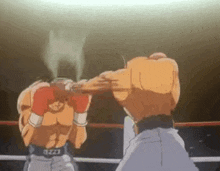 two boxers are fighting in a boxing ring with smoke coming out of their eyes .