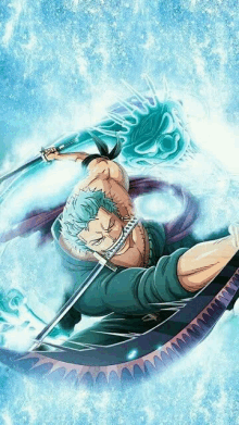 roronoa zoro from one piece is holding a sword in his hand and a sword in his mouth .