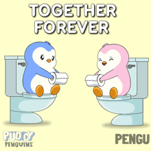 two penguins sitting on toilets with the words together forever