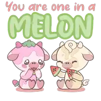 a cartoon of two cows eating watermelon with the words " you are one in a melon " behind them