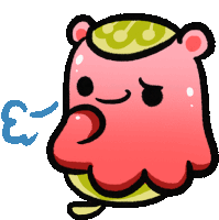 a cartoon drawing of a pink jellyfish with a green hat on its head