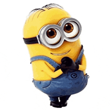 a yellow minion wearing overalls and goggles is standing on a white background