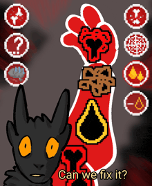 a pixel art drawing of a black cat with the words can we fix it below it