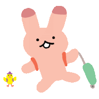 a pink bunny holding a green suitcase next to a small yellow duck