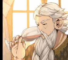 a man with a beard is drinking from a glass of wine