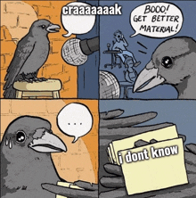 a cartoon of a bird talking into a microphone with a note that says " i dont know "