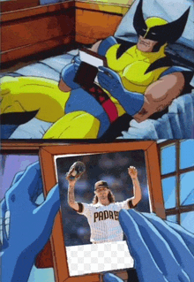 a cartoon of wolverine reading a book and a picture of a padres player